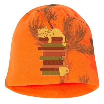 Cute Sleepy Cat On Book Stack And Coffee Tea Kati - Camo Knit Beanie