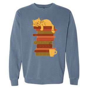 Cute Sleepy Cat On Book Stack And Coffee Tea Garment-Dyed Sweatshirt