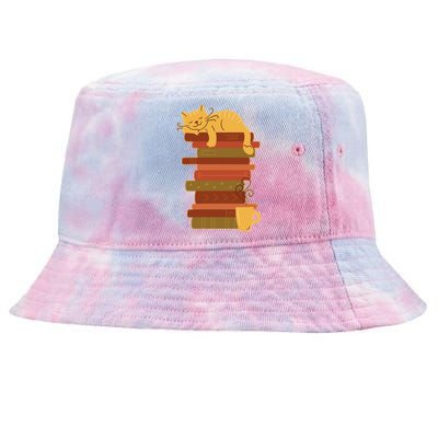 Cute Sleepy Cat On Book Stack And Coffee Tea Tie-Dyed Bucket Hat