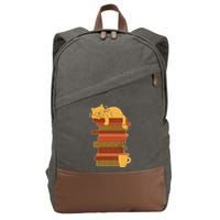 Cute Sleepy Cat On Book Stack And Coffee Tea Cotton Canvas Backpack