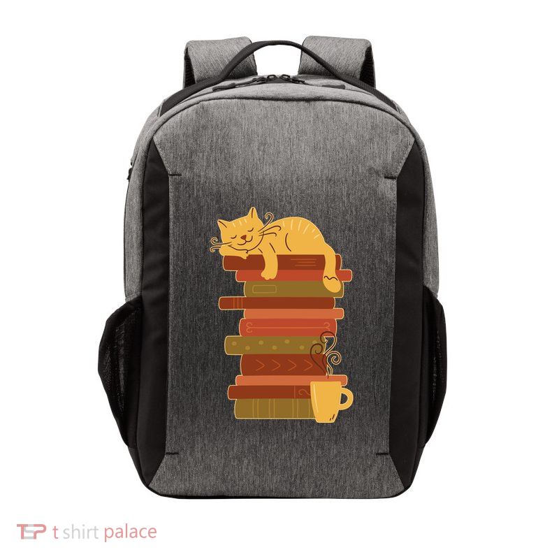 Cute Sleepy Cat On Book Stack And Coffee Tea Vector Backpack