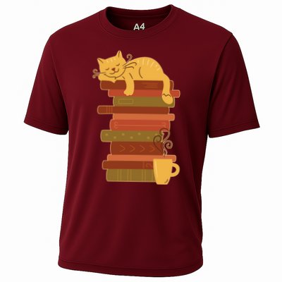 Cute Sleepy Cat On Book Stack And Coffee Tea Cooling Performance Crew T-Shirt