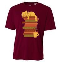 Cute Sleepy Cat On Book Stack And Coffee Tea Cooling Performance Crew T-Shirt