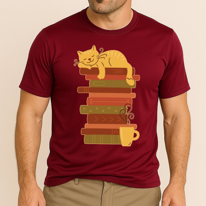 Cute Sleepy Cat On Book Stack And Coffee Tea Performance Shirt