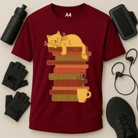 Cute Sleepy Cat On Book Stack And Coffee Tea Performance Shirt