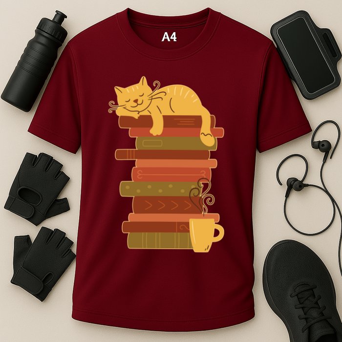 Cute Sleepy Cat On Book Stack And Coffee Tea Performance Shirt