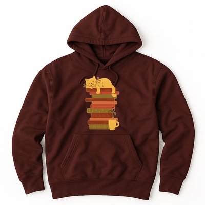 Cute Sleepy Cat On Book Stack And Coffee Tea Hoodie