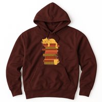 Cute Sleepy Cat On Book Stack And Coffee Tea Hoodie