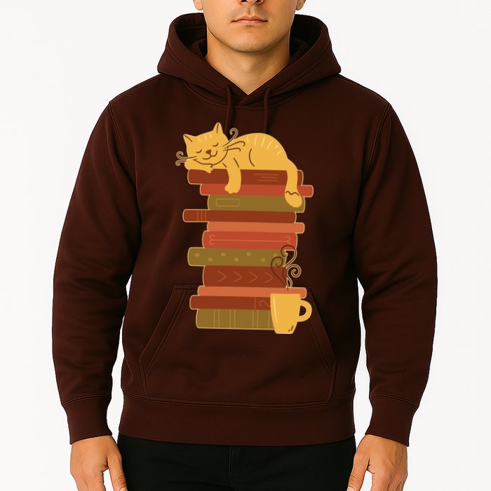 Cute Sleepy Cat On Book Stack And Coffee Tea Hoodie