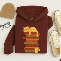 Cute Sleepy Cat On Book Stack And Coffee Tea Hoodie