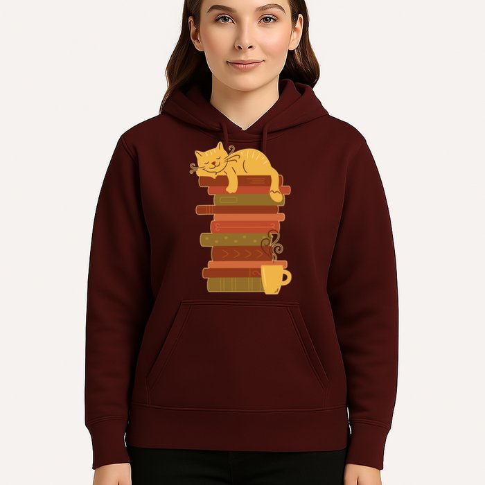 Cute Sleepy Cat On Book Stack And Coffee Tea Hoodie