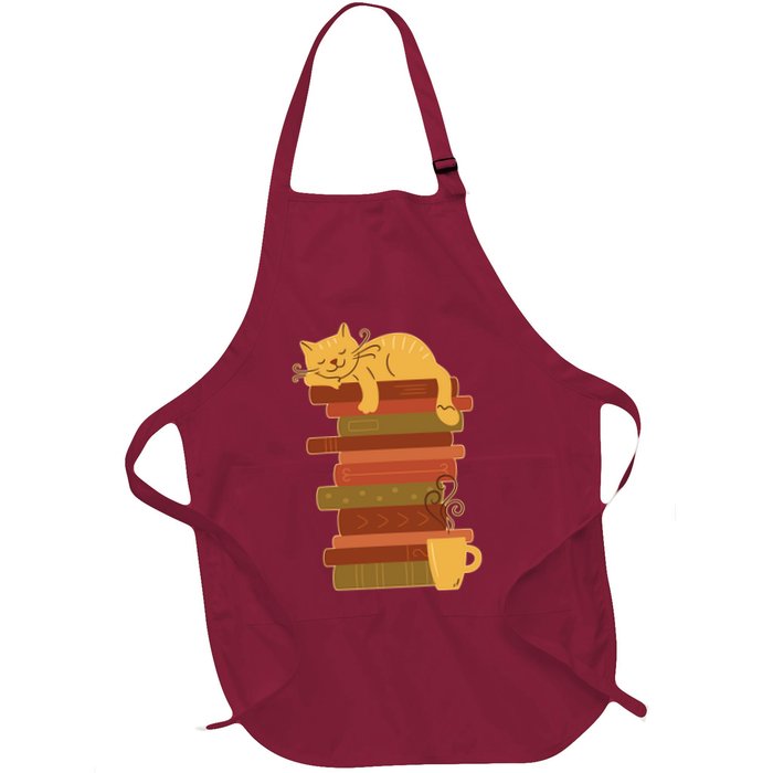 Cute Sleepy Cat On Book Stack And Coffee Tea Apron