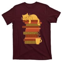 Cute Sleepy Cat On Book Stack And Coffee Tea T-Shirt