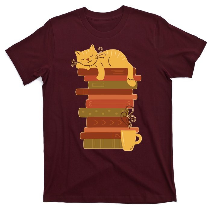 Cute Sleepy Cat On Book Stack And Coffee Tea T-Shirt