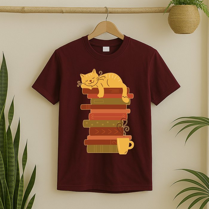 Cute Sleepy Cat On Book Stack And Coffee Tea T-Shirt