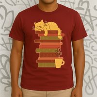 Cute Sleepy Cat On Book Stack And Coffee Tea T-Shirt