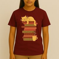 Cute Sleepy Cat On Book Stack And Coffee Tea T-Shirt