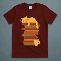 Cute Sleepy Cat On Book Stack And Coffee Tea T-Shirt