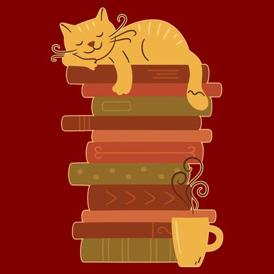 Cute Sleepy Cat On Book Stack And Coffee Tea T-Shirt