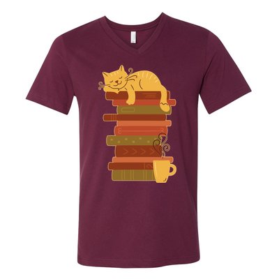 Cute Sleepy Cat On Book Stack And Coffee Tea V-Neck T-Shirt