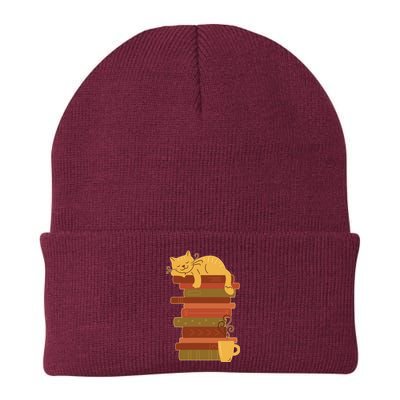 Cute Sleepy Cat On Book Stack And Coffee Tea Knit Cap Winter Beanie