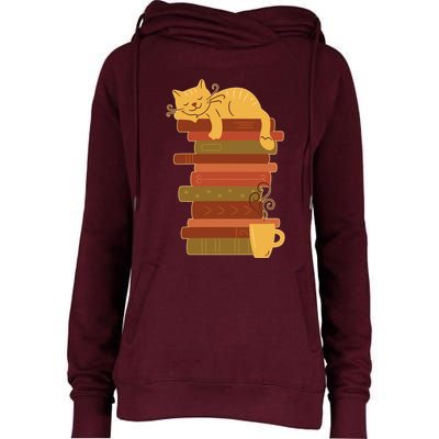 Cute Sleepy Cat On Book Stack And Coffee Tea Womens Funnel Neck Pullover Hood