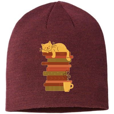 Cute Sleepy Cat On Book Stack And Coffee Tea Sustainable Beanie