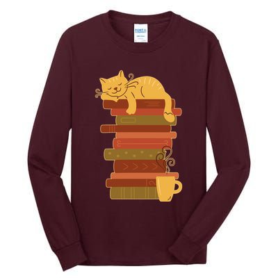 Cute Sleepy Cat On Book Stack And Coffee Tea Tall Long Sleeve T-Shirt