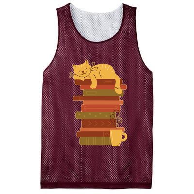 Cute Sleepy Cat On Book Stack And Coffee Tea Mesh Reversible Basketball Jersey Tank