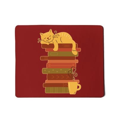 Cute Sleepy Cat On Book Stack And Coffee Tea Mousepad