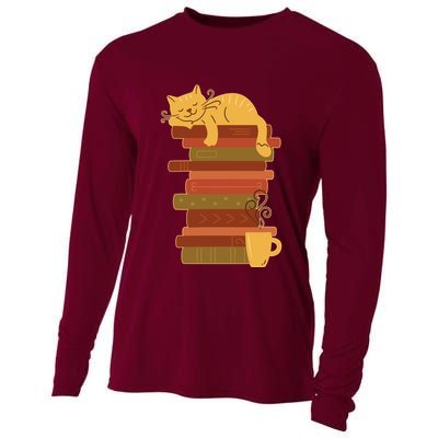 Cute Sleepy Cat On Book Stack And Coffee Tea Cooling Performance Long Sleeve Crew