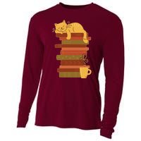 Cute Sleepy Cat On Book Stack And Coffee Tea Cooling Performance Long Sleeve Crew