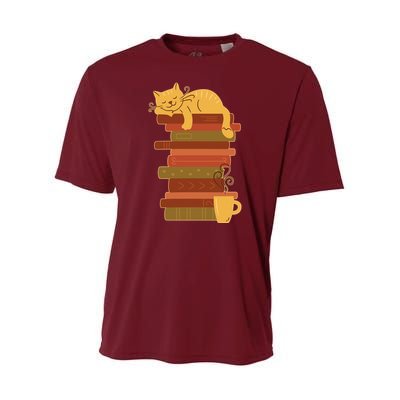 Cute Sleepy Cat On Book Stack And Coffee Tea Youth Performance Sprint T-Shirt