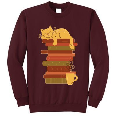 Cute Sleepy Cat On Book Stack And Coffee Tea Tall Sweatshirt