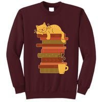 Cute Sleepy Cat On Book Stack And Coffee Tea Tall Sweatshirt