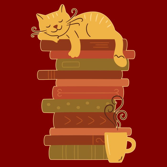 Cute Sleepy Cat On Book Stack And Coffee Tea Tall Sweatshirt