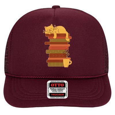 Cute Sleepy Cat On Book Stack And Coffee Tea Trucker Hat
