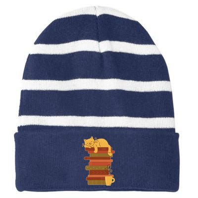 Cute Sleepy Cat On Book Stack And Coffee Tea Striped Beanie with Solid Band