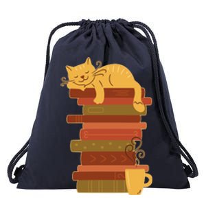 Cute Sleepy Cat On Book Stack And Coffee Tea Drawstring Bag