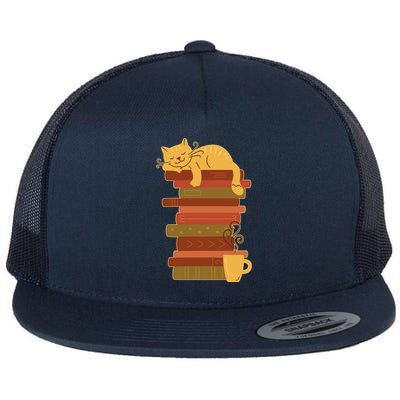 Cute Sleepy Cat On Book Stack And Coffee Tea Flat Bill Trucker Hat