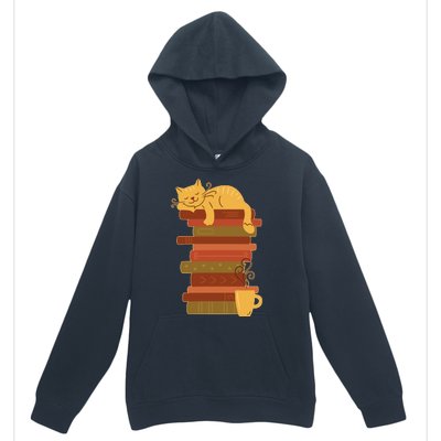 Cute Sleepy Cat On Book Stack And Coffee Tea Urban Pullover Hoodie