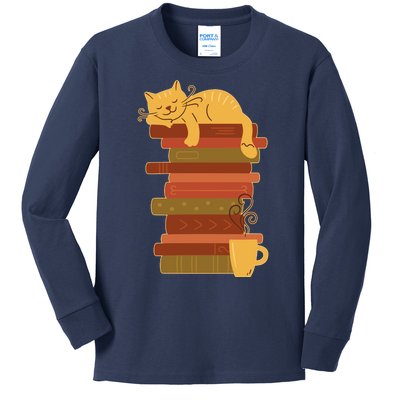 Cute Sleepy Cat On Book Stack And Coffee Tea Kids Long Sleeve Shirt