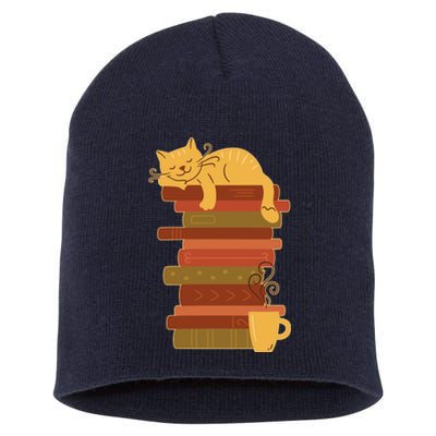 Cute Sleepy Cat On Book Stack And Coffee Tea Short Acrylic Beanie