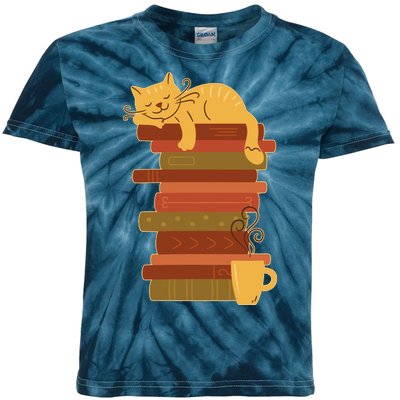 Cute Sleepy Cat On Book Stack And Coffee Tea Kids Tie-Dye T-Shirt