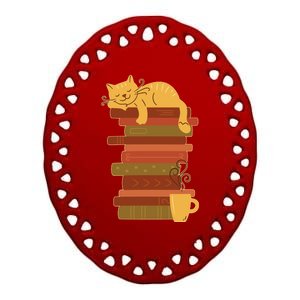 Cute Sleepy Cat On Book Stack And Coffee Tea Ceramic Oval Ornament