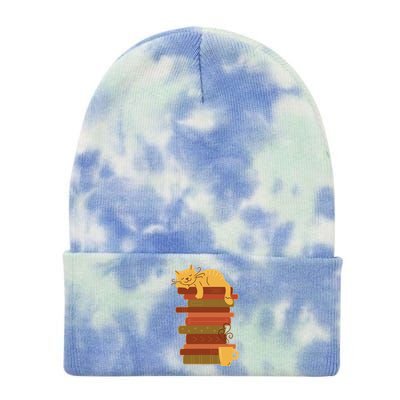 Cute Sleepy Cat On Book Stack And Coffee Tea Tie Dye 12in Knit Beanie