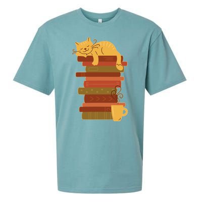 Cute Sleepy Cat On Book Stack And Coffee Tea Sueded Cloud Jersey T-Shirt