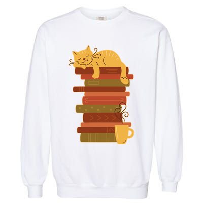 Cute Sleepy Cat On Book Stack And Coffee Tea Garment-Dyed Sweatshirt