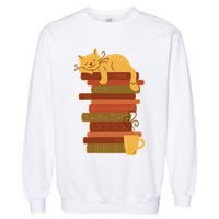 Cute Sleepy Cat On Book Stack And Coffee Tea Garment-Dyed Sweatshirt