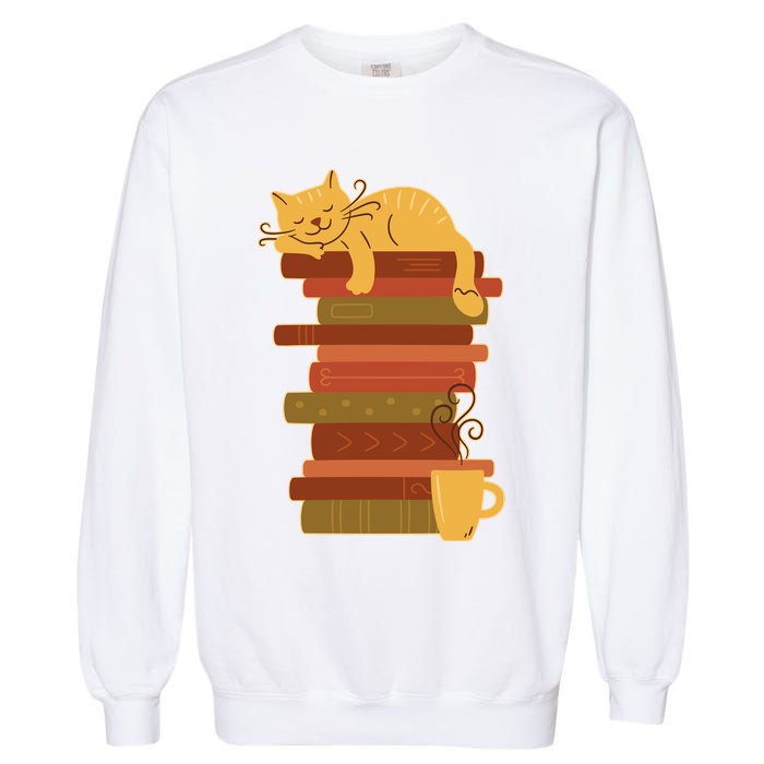 Cute Sleepy Cat On Book Stack And Coffee Tea Garment-Dyed Sweatshirt